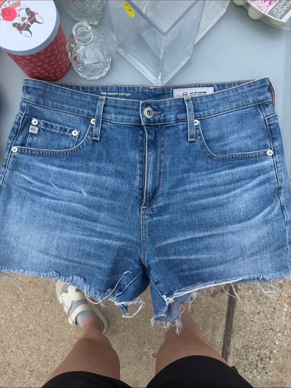 Agolde Light Blue Frayed Hem Denim Shorts